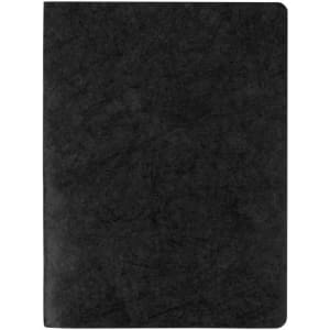 A black notebook with a textured cover and blank pages. It features a logo on the front.