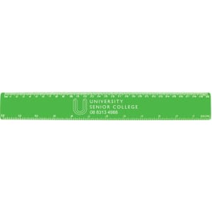 A green plastic ruler measuring 30cm, featuring a logo and printed measurement markings along its edge.