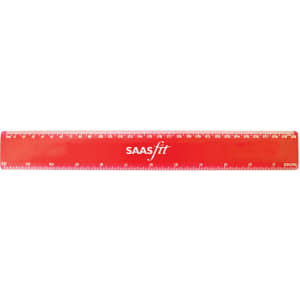 A red 30cm plastic ruler with measurement markings and a logo.