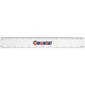A 30cm clear plastic ruler featuring red and blue branding, with measurements marked along one edge.