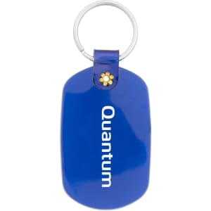 A blue oval keychain with a decorative attachment and a logo on the front.