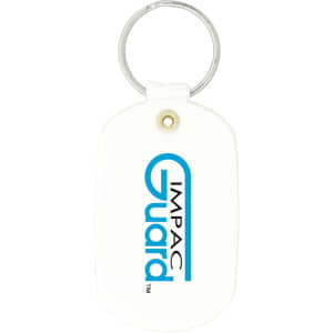 A white oval keychain with a metal ring and a logo on the front.