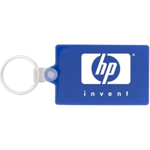 A rectangular blue keychain with a metal ring and a logo.