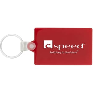 A rectangular red keychain with a silver ring and a logo.