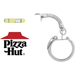 A silver tape measure with a level, attached to a key chain. Features a lobster claw design.