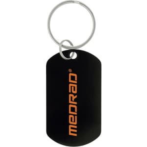 A black dog tag keychain with a silver keyring and an orange logo.
