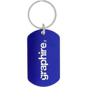 A blue dog tag keychain with a metal ring and a logo on one side.
