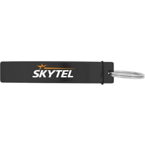 A drink bottle opener in black with a metal keyring and a logo displayed on the side.