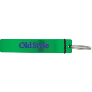 A drink bottle opener in bright green, featuring a logo and a keyring attachment.