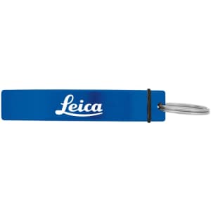 A drink bottle opener in blue with a silver keyring. Features a logo on the surface.