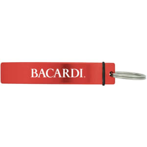 A drink bottle opener in red metal with a silver keyring and a logo printed on it.
