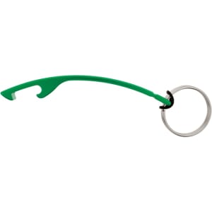 A green drink bottle opener attached to a silver keyring, featuring a simple, curved design.