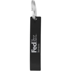 A drink bottle opener in sleek black with a metal loop attachment and a logo.