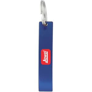 A drink bottle opener in blue metal, featuring a branded logo. It has a keyring attachment.