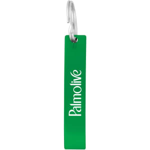 A green bottle opener with a loop attachment and a logo.