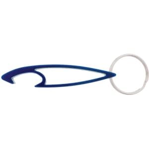 A drink bottle opener in blue with a keyring attachment, featuring a sleek, curved design.