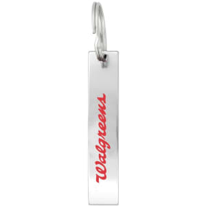 A drink bottle opener in silver metal featuring a red logo on one side, attached to a keyring.