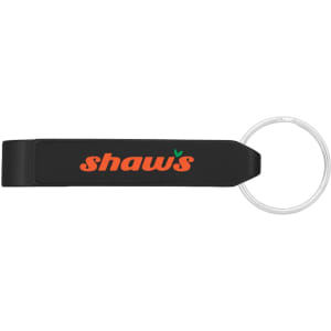 A drink bottle opener in black with a circular keyring attachment and a logo.