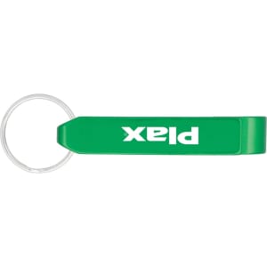 A drink bottle opener in bright green with a keyring attachment, featuring a logo on one side.
