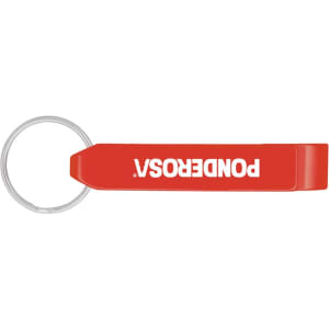 A drink bottle opener in red, featuring a keyring attachment and a logo.