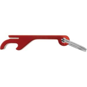 A drink bottle opener in red, featuring a keyring attachment and a simple design. It has a logo on the surface.