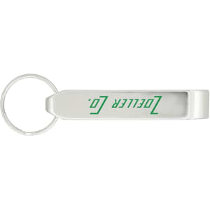 A drink bottle opener in silver with a circular keyring. It features a logo on one side.