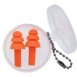 A clear container holds two pairs of orange silicone earplugs, attached to a keychain.