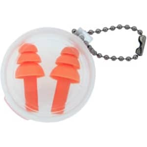 A silicone earplug keychain with bright orange earplugs inside a clear container. Features a metal chain.