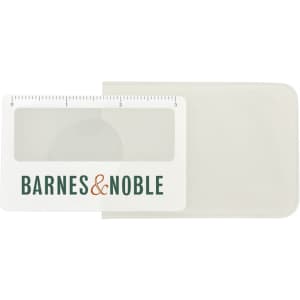 A pocket ruler magnifier in white with a transparent sleeve, featuring a logo.