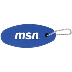 A blue floating keychain with a small chain, featuring a logo.