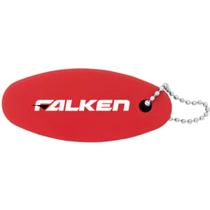 A red floating keychain with a rounded shape and a silver bead chain attachment, featuring a logo.