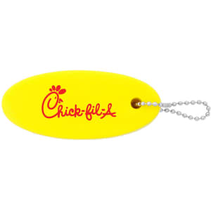 A yellow floating keychain with a logo attached by a silver ball chain.