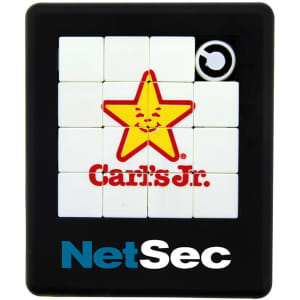 A black puzzle game featuring a white grid with a star logo in the centre and a brand logo at the bottom.
