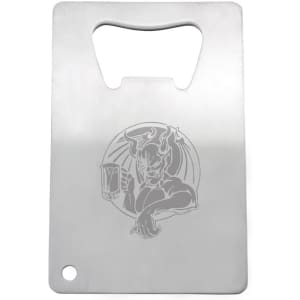 A stainless steel credit card bottle opener featuring a decorative engraving and a circular cutout for attaching a keyring.