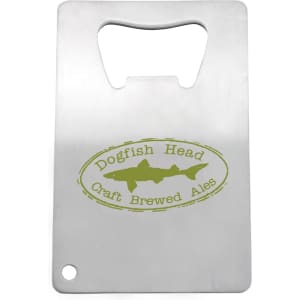 A stainless steel credit card bottle opener with a green logo and an ergonomic opening feature.
