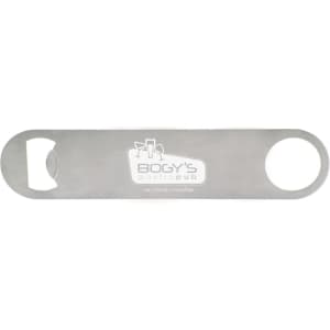 A drink bottle opener made of stainless steel featuring a circular hole and a bottle opener. It has a logo printed on it.