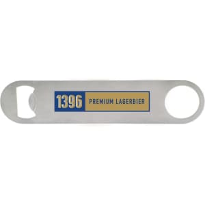 A drink bottle opener in silver, featuring a logo or branding on the handle.