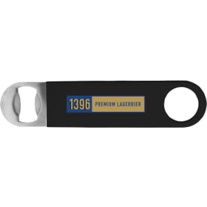 A drink bottle opener in black with a metallic bottle-opening end and a logo.
