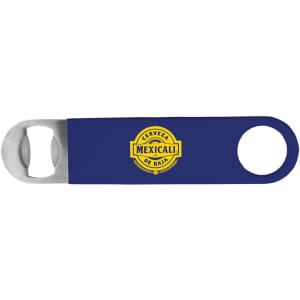 A drink bottle opener in navy blue with a round end and a metallic bottle cap opener, featuring a logo.