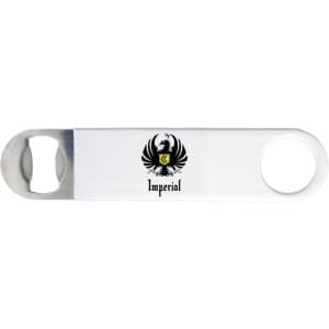 A drink bottle opener in white with a metal cap-opening feature and a logo.