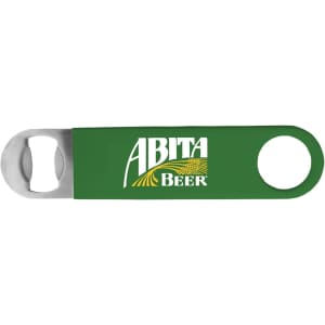 A green bottle opener with a metal cap lifter and a logo on the handle.