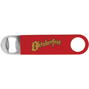 A drink bottle opener with a red handle and a metal opener, featuring a logo.