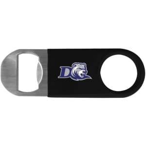 A drink bottle opener featuring a stainless steel end and a black vinyl body with a logo printed on it.
