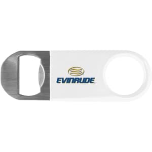 A drink bottle opener featuring a stainless steel end and a white vinyl body, with a logo on one side.