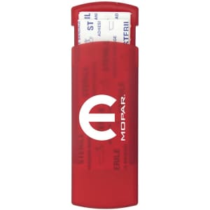 A red bandage dispenser with a logo, containing bandages inside.
