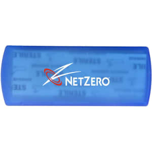 A blue bandage dispenser with a logo, featuring a clear window to view the bandages inside.
