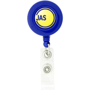 A round badge holder in blue with a white clip attachment, featuring a circular logo.