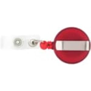 A round red badge holder with a silver clip and a retractable cord attached to a white strap.