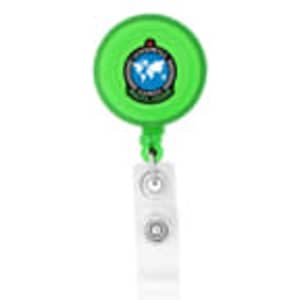 A round badge holder in bright green with a retractable cord and a logo on the front.