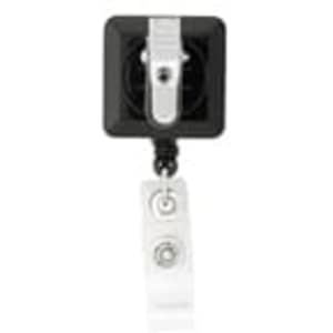 A rectangle badge holder in black and white with a retractable cord and a clip at the top for attachment.